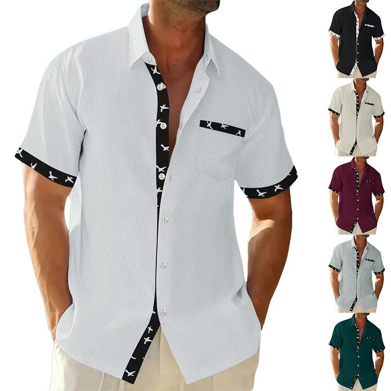 Camicia da uomo a maniche corte con revers, tessuto a quadretti fini, inserto con stampa di uccelli, bottoni, casual, top estivo quotidiano