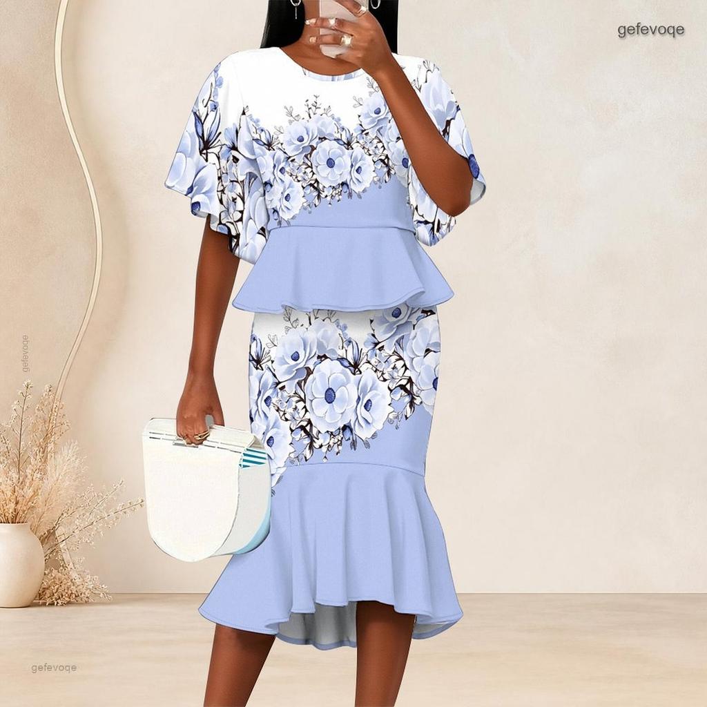 Women Plus Size Two Piece Set Round Neck Batwing Sleeve Ruffle Hem Top Black Gold Printed Fishtail Skirt
