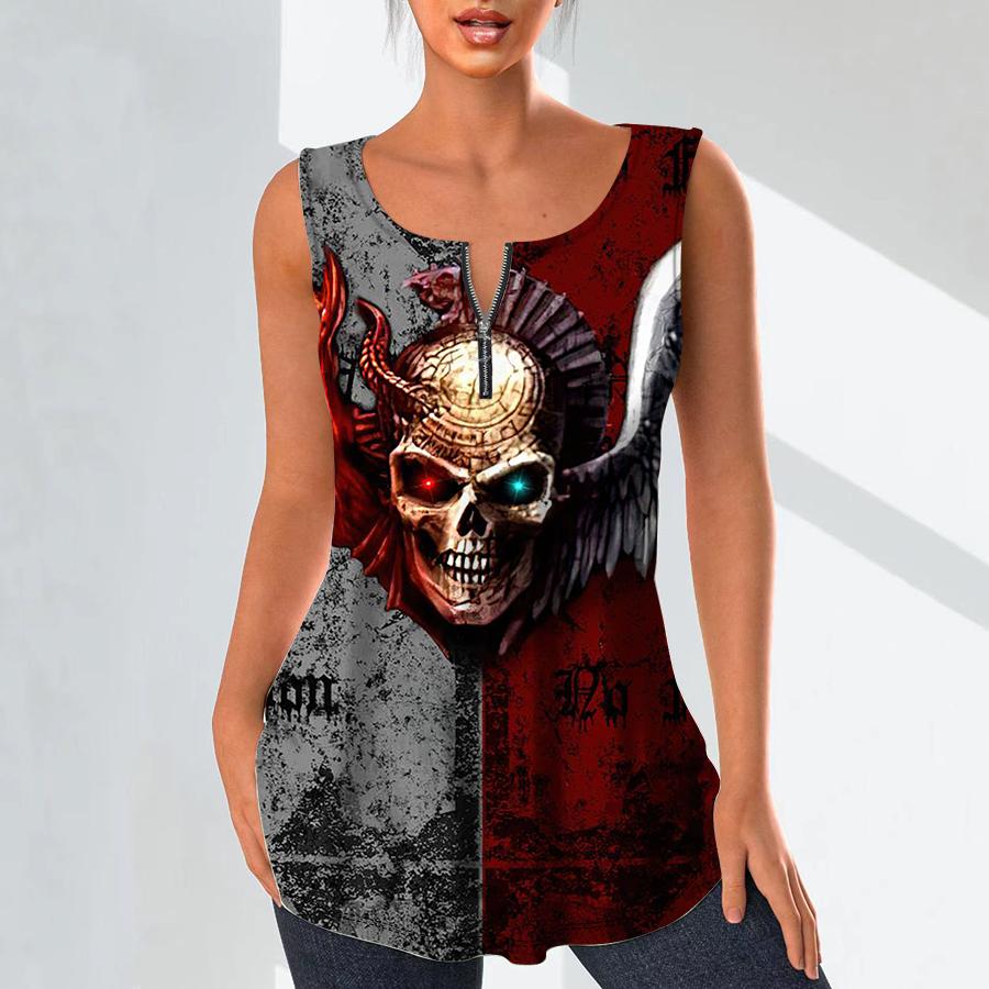 Camisas con cuello en V a la moda para mujer, camisetas informales, chaleco con estampado de esqueleto oscuro en 3D, blusa sin mangas de talla grande, camisetas sin mangas