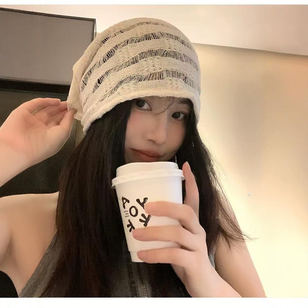Stacked Hat, Female, Thin, Breathable Cotton and Linen, Cold Hat, Japanese Style, Knitted Hollow Out, Big Head Circumference, Small Face, Toe Cap