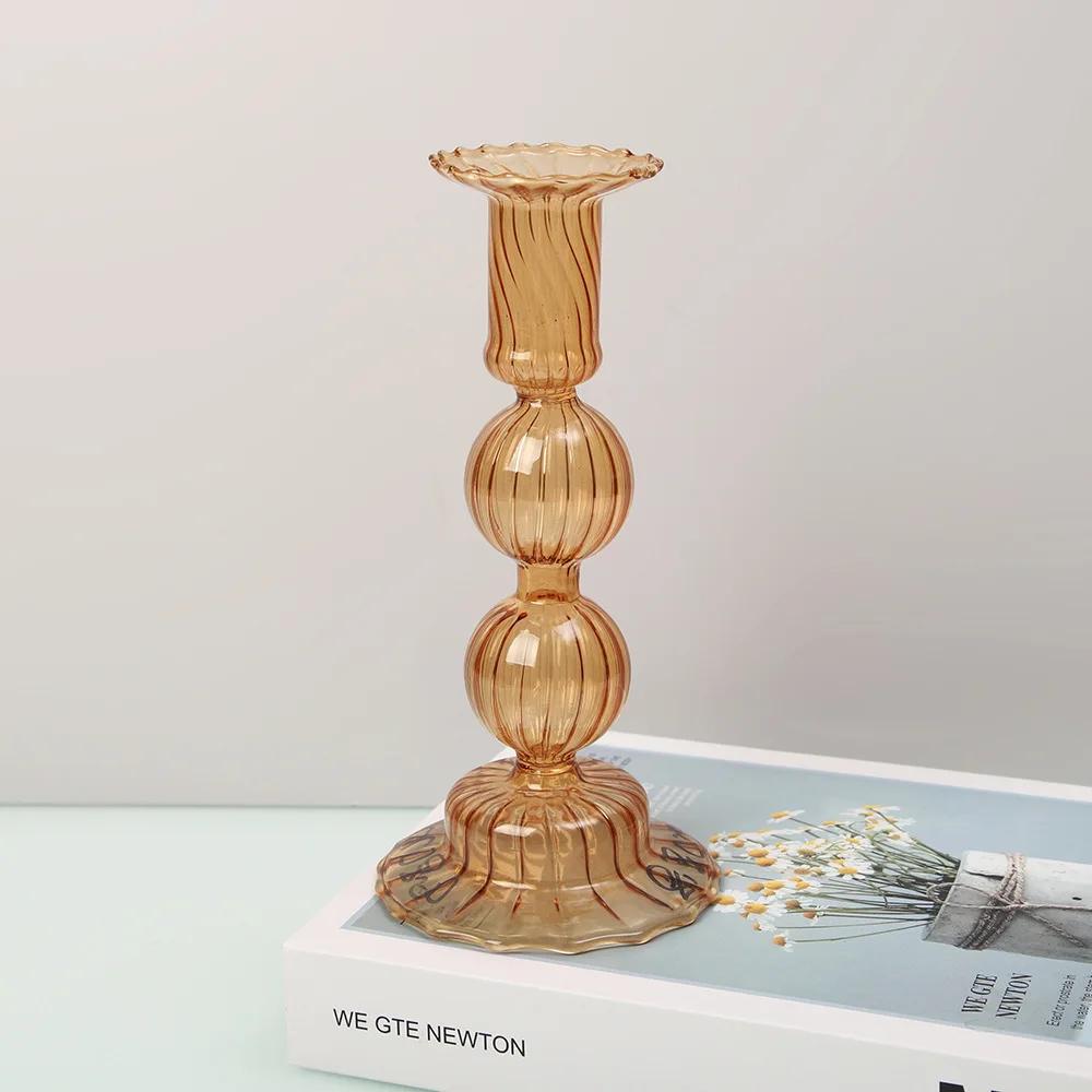 Nordic Style Striped Colored Glass Candle Holder Home Decor Romantic Candlesticks Dinner Table Centerpiece Holder Decoration