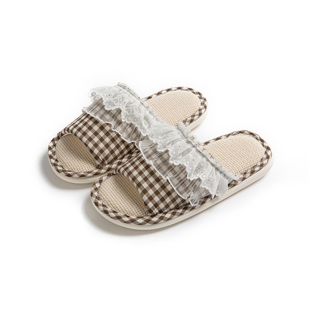 Women's Lace Plaid Linen Cotton Slippers for Indoor Comfort