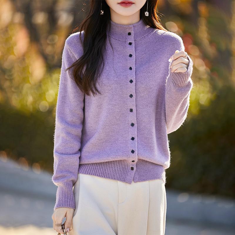 

Осень Зима Половина Высокого Воротника Однотонный Однобортный Кардиган Вязаный Топ Женский Повседневный Модный Свитер Пальто M фиолетовый