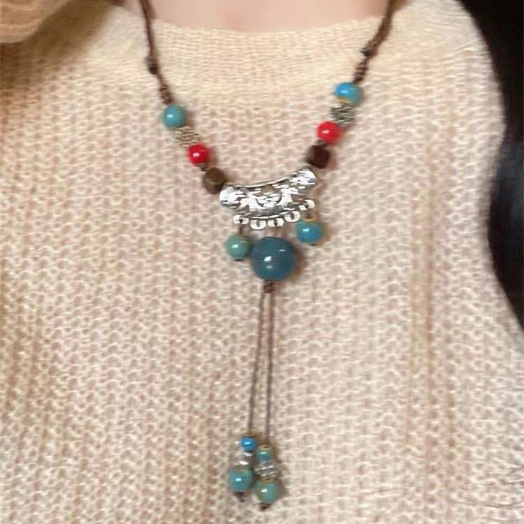 Retro ethnic style ceramic necklace women's woven rope niche retro new Chinese style new popular with jewelry women