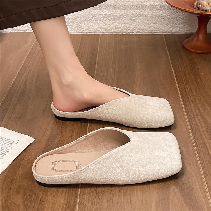 Fashion Spring New Baotou Slippers Women's Fashion Square Head Deep Mouth Suede Soft Sole Anti-slip Wear-resistant Flat Shoes