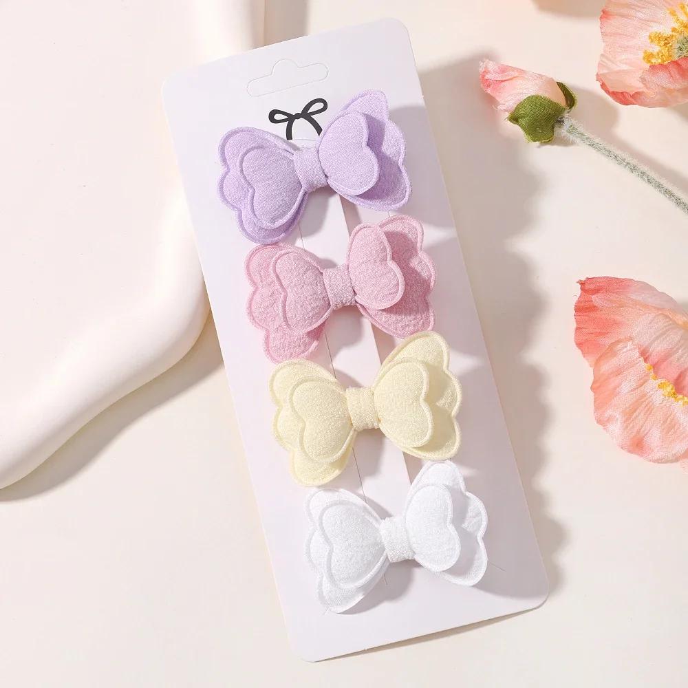 4Pcs/set Double Layered Bows Hair Clip Set for Baby Girls Cute Candy Colored Bangs Hair Pin Cotton Children's Hair Accessories