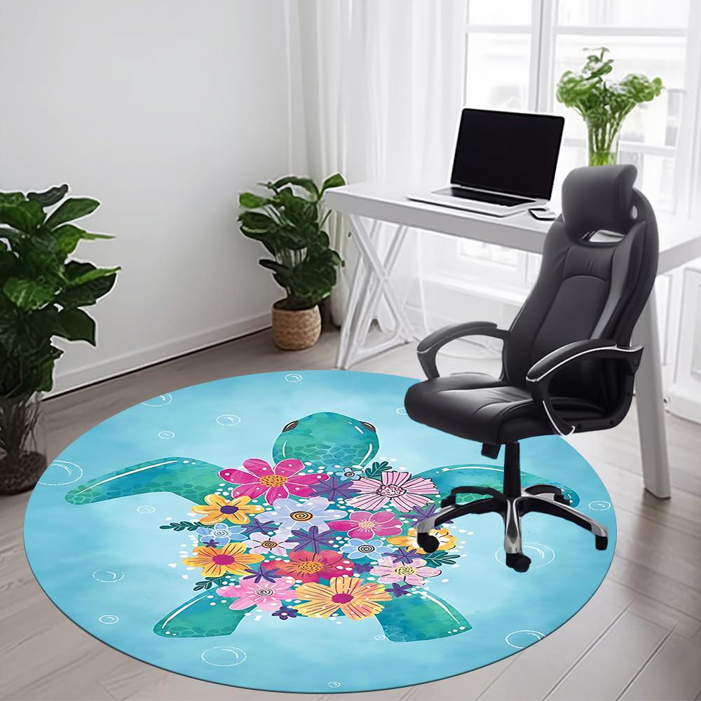 1pcSea Turtle Flowers Office Round Area Rug, Indoor Mat Suitable ForOffice, Under Office Chairs Bedroom Living Room Home Decor, Room Deco 094