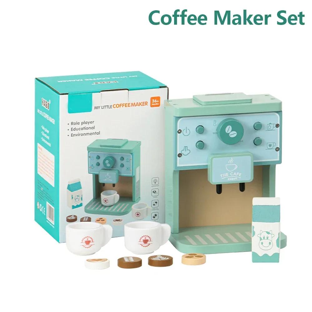 Kids Kitchen Toy Set Wooden Coffee Maker Set Simulation Cookie Maker Kit Pretend Play Educational Toys Gifts for Girls Boys