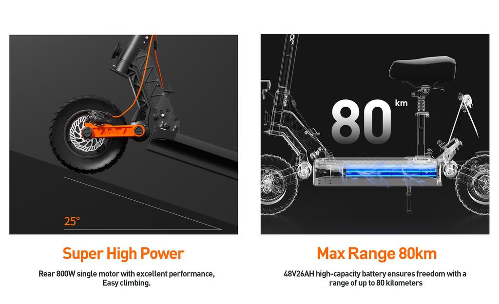 JOYOR S8E Elektroroller 800W Motor, 48V 26Ah Batterie, 80KM Reichweite, 10 Zoll Offroad-Reifen Erwachsenen E-Scooter mit Sitz