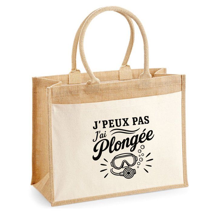 Sac Cabas Jute avec Poche J’peux pas j’ai Plongée J'peux pas minimaliste | Toile de Jute et Coton 21 L Fond Plat Anses 65 cm