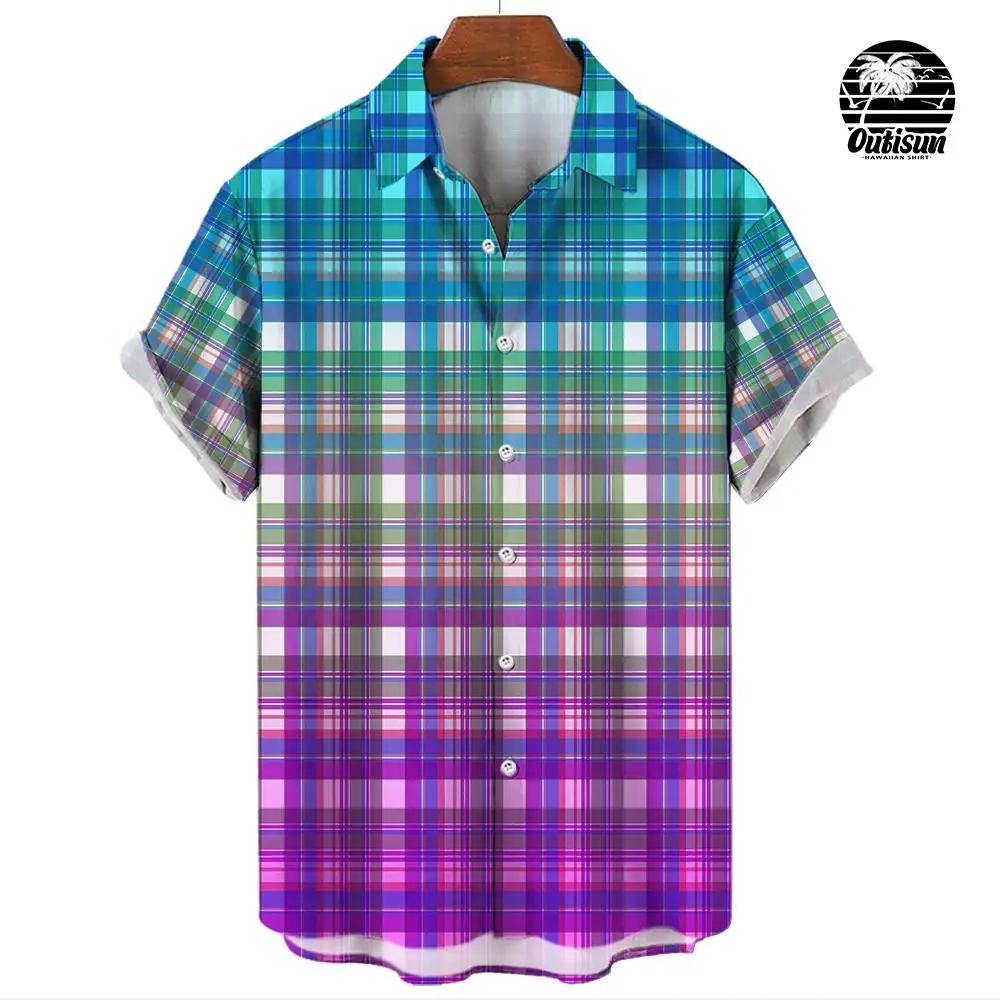 Summer Fashion Plaid Rainbow Print Men's Short Sleeve Casual Shirt Pride Month Party Outfit Tops Street Trend Party Oversized