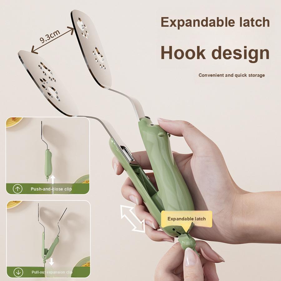 Small Bear Fried Fish Turner 2-in-1 Stainless Steel Food Clip Long Handle Anti-Slip Oil Draining Spatula Heat Resistant Clip