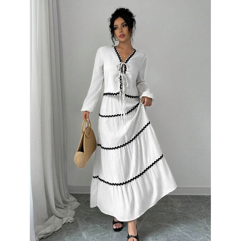 

Осенняя рабочая одежда Новое поступление Мода Элегантность Элегантный Завязанный Топ с короткими/длинными рукавами и Юбка Длинное платье для женщин Набор из двух предметов 205101 White(Figure) XL