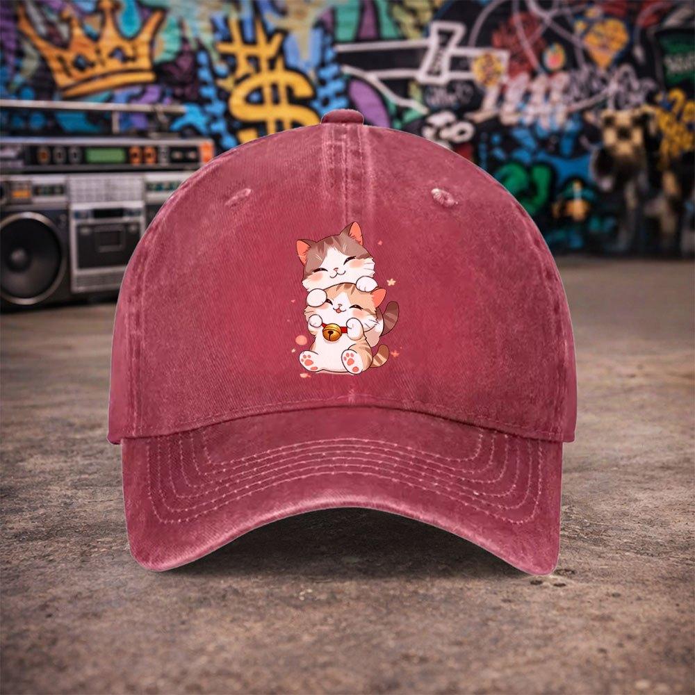 Pc Pcs Unisex Vintage Washed Baseball Cap Suitable for Parties Lightweight Hook Loop Duckbill Hat with Cute Kitten Print W