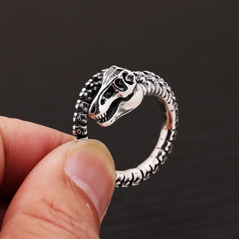 Adjustable Open Ring Men Women Vintage Punk Dinosaur Fossil Skull Design Sterling Geometric Statement