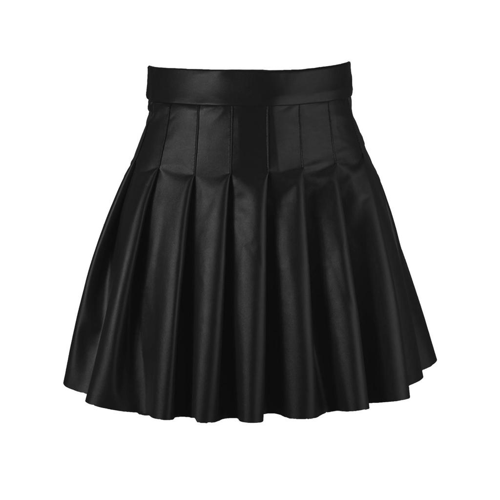 Women's Solid Color Skirt High Waist Leather Short Sexy Nightclub Style Pleated Skirt