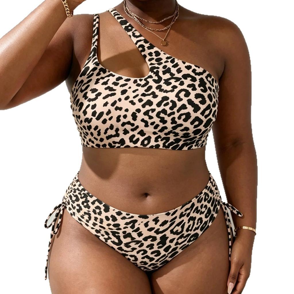 1011 European and American New Leopard Print Split Bikini Sexy Shoulder Waist Side Drawstring Large Size Women's Swimsuit Bikini