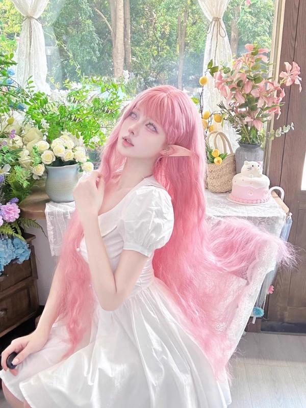 Parrucca Rosa Lolita Super Lunga Riccioli di Lana Capelli Ricci da Principessa Rosa Fiore di Ciliegio alla Moda e Versatile Parrucca sintetica con Fascia