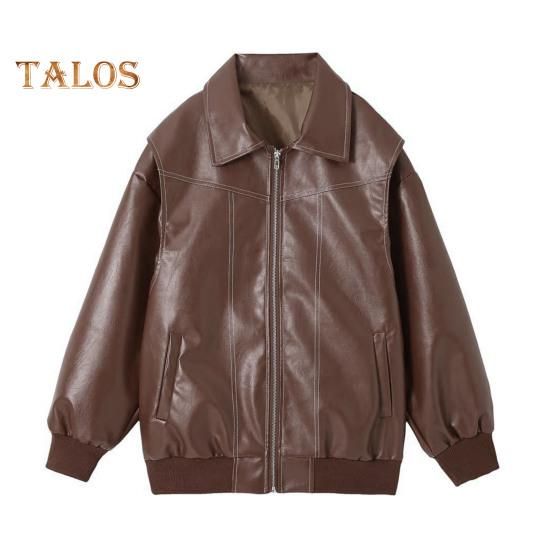 Lady Retro Coat Pure Color Turn-down Collar Zipper Closure Elastic Cuff And Hem Faux Leather Motocycle Jacket Outdoor Travel Coat
