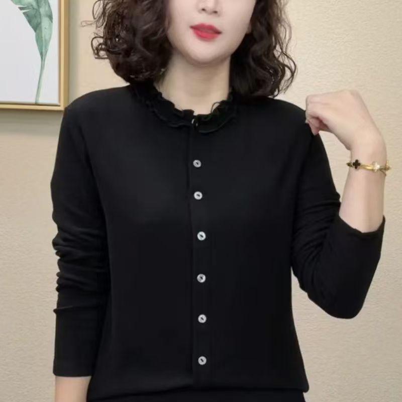 

Elegant Ruffled Collar Long-Sleeve Top for Moms - Age-Reducing, Tummy-Covering, Warm Autumn/Winter Layer L