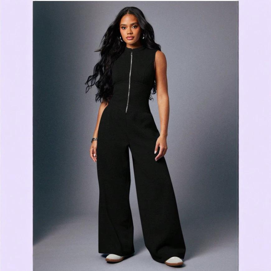 New European and American 2026 early autumn sleeveless zipper wide-leg jumpsuit independent station cross-border explosion casual suit S