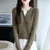 Women's 100% Pure Wool Crew Neck Knitted Sweater - Fake Two-Piece Long Sleeve Base Shirt for Autumn