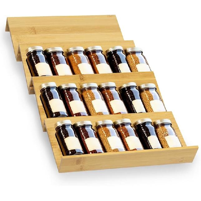 Bamboo Spice Rack For Drawer, 4 Tier Stackable Seasoning Storage Organizer Insert,for Kitchen Condiments Storage Insert(Jars Not Included,9.4"