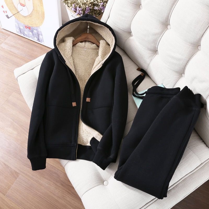 Plus Velvet Thickened Casual Chic Outfit Ladies's Fall and Winter Hooded Cardigan Jacket Sports Trousers Two-piece Outfit