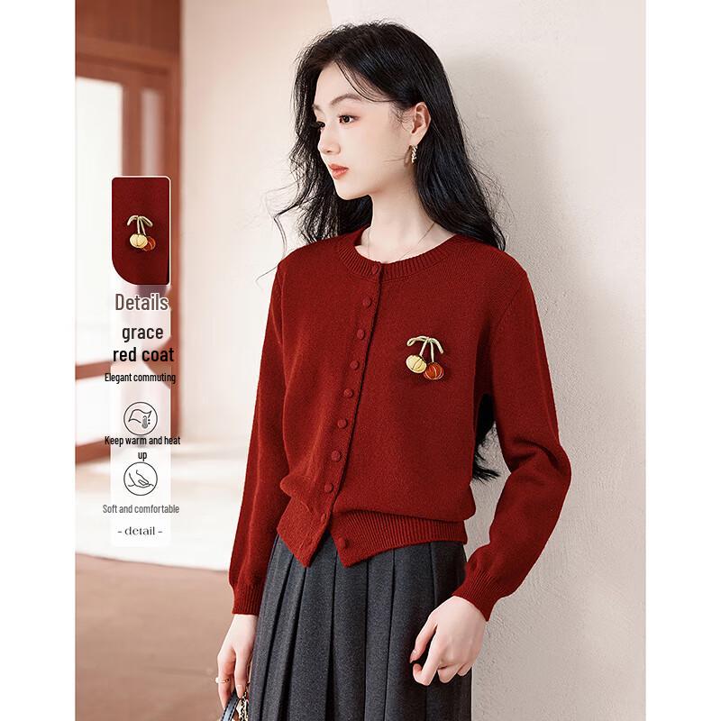 

Elegant Red Knit Cardigan One Size