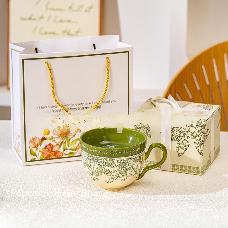 Retro Rural Style Large Capacity Ceramic Breakfast Cup with Crank Flowers Coffee Cup Dish Cups Lid Set Household Milk Mug Gift