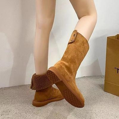 Pure Leather Two Wear Flanged Flat Heel Medium Boots Women's Winter Plush Snow Boots Warm Cotton Boots