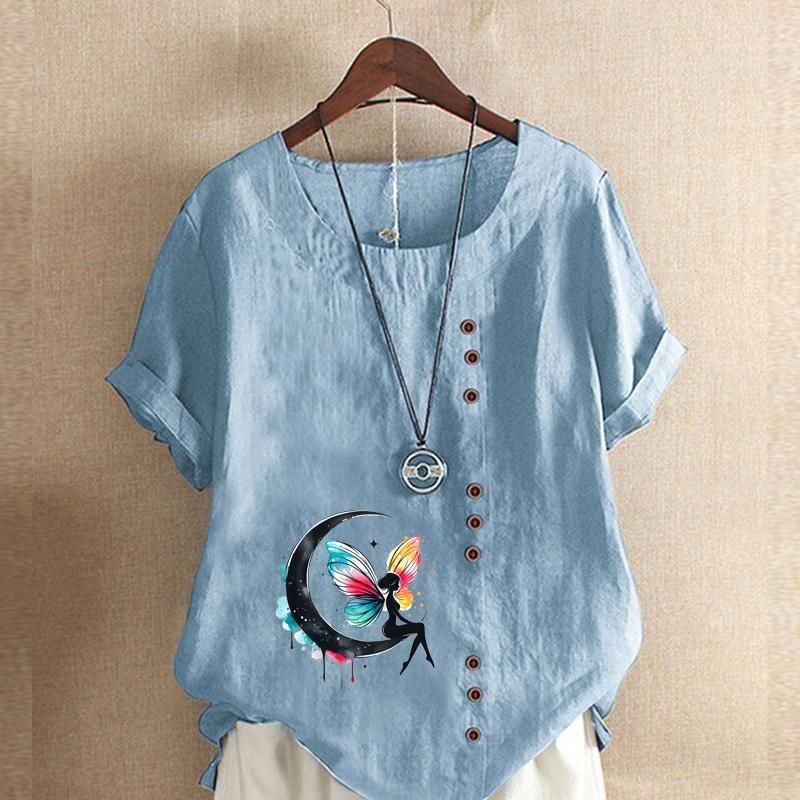 Women's Fashion Cute Butterfly Prined Short Sleeve T-shirt Loose Cotton Shirt Casual Loose Summer Blouse Tops Plus Size