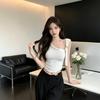 Slant shoulder off-shoulder short-sleeved T-shirt women's summer slim-fitting and thin design sense niche pure desire style short top tide