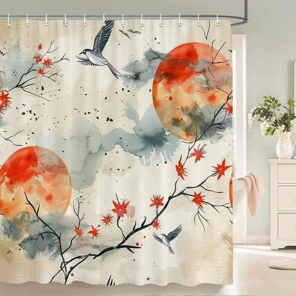 Duschvorhänge im chinesischen Stil mit Blumen und Vögeln, wasserdicht, Badezimmervorhang aus 3D-bedrucktem Stoff mit Haken, Dekoration, Duschvorhang