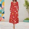 Women Plus Size V Neck Long Sleeve Red Floral Printed A Line Midi Dress With Pockets