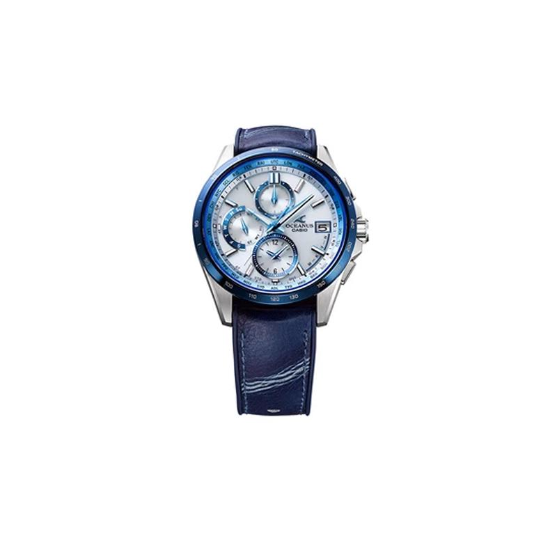 Casio OCEANUS Serie - Scheiben-Multifunktionszeiger, Quarzwerk, Lederarmband, japanische und koreanische Uhr, Herrenuhr, blau OCW-T2600ALB-2AJR