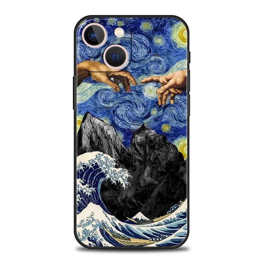 Mona Lisa Van Gogh Oil Painting Art Luxury Phone Case For iPhone 13 15 14 12 11 Pro MAX XR X SE XS 7 8 Plus Soft Black Cover