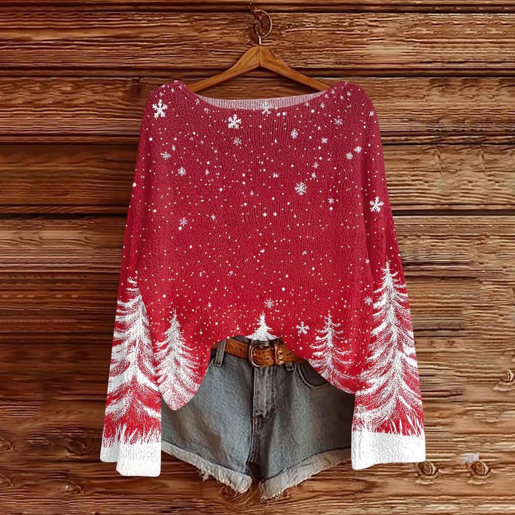 Women's Round Neck Lightweight Sweater Casual Long Sleeve Christmas Print Knit Pullover.