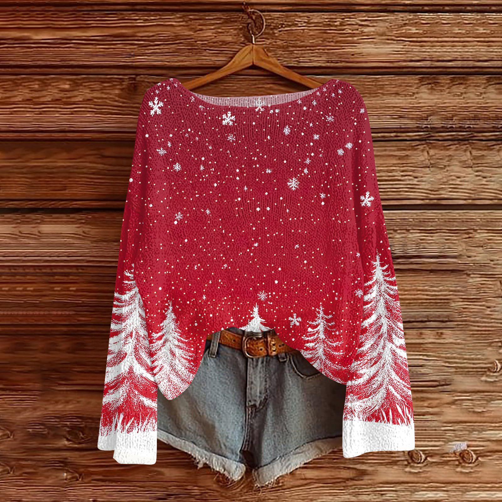 

Женский легкий свитер с круглым вырезом, повседневный вязаный пуловер с длинным рукавом и рождественским принтом. XL арбуз красный