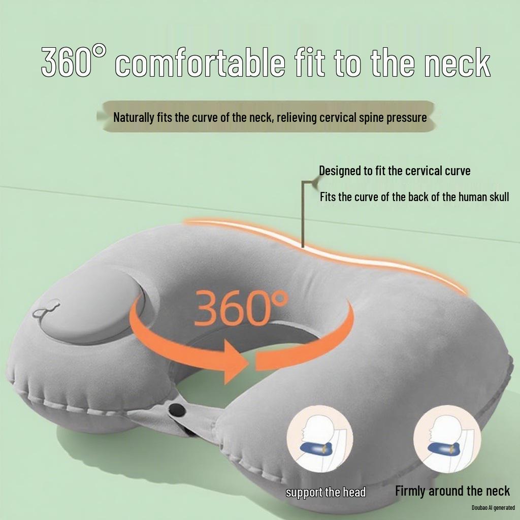 Inflatable U-Shaped Travel Neck and Back Support Pillow for Airplane & Train