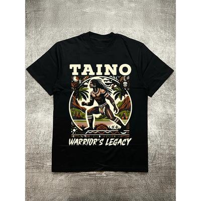 Men's Black 200g Cotton T - Shirt - Taino “WARRIOR'S LEGACY” Warrior Heritage Heat Transfer Print Round Neck Short Sleeve