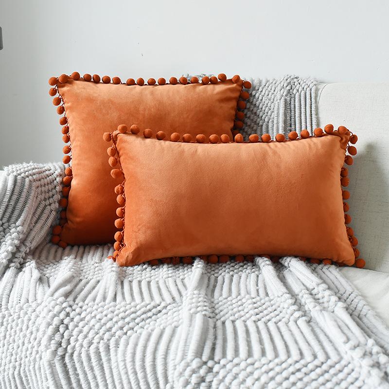 Inyahome Solid Color Velvet Throw Pompom Pillow Covers Pillowcase for Home Decor Sofa Living Room Bed Couch Farmhouse Outdoor