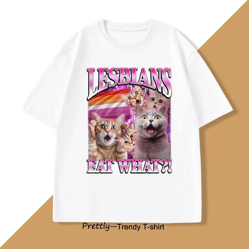 Lesben essen was T-Shirt Lustige Katze Pride T-Shirt LGBTQ T-Shirt Meme Vintage Katzenliebhaber T-Shirt Rundhals Damen Kurzarm T-Shirts