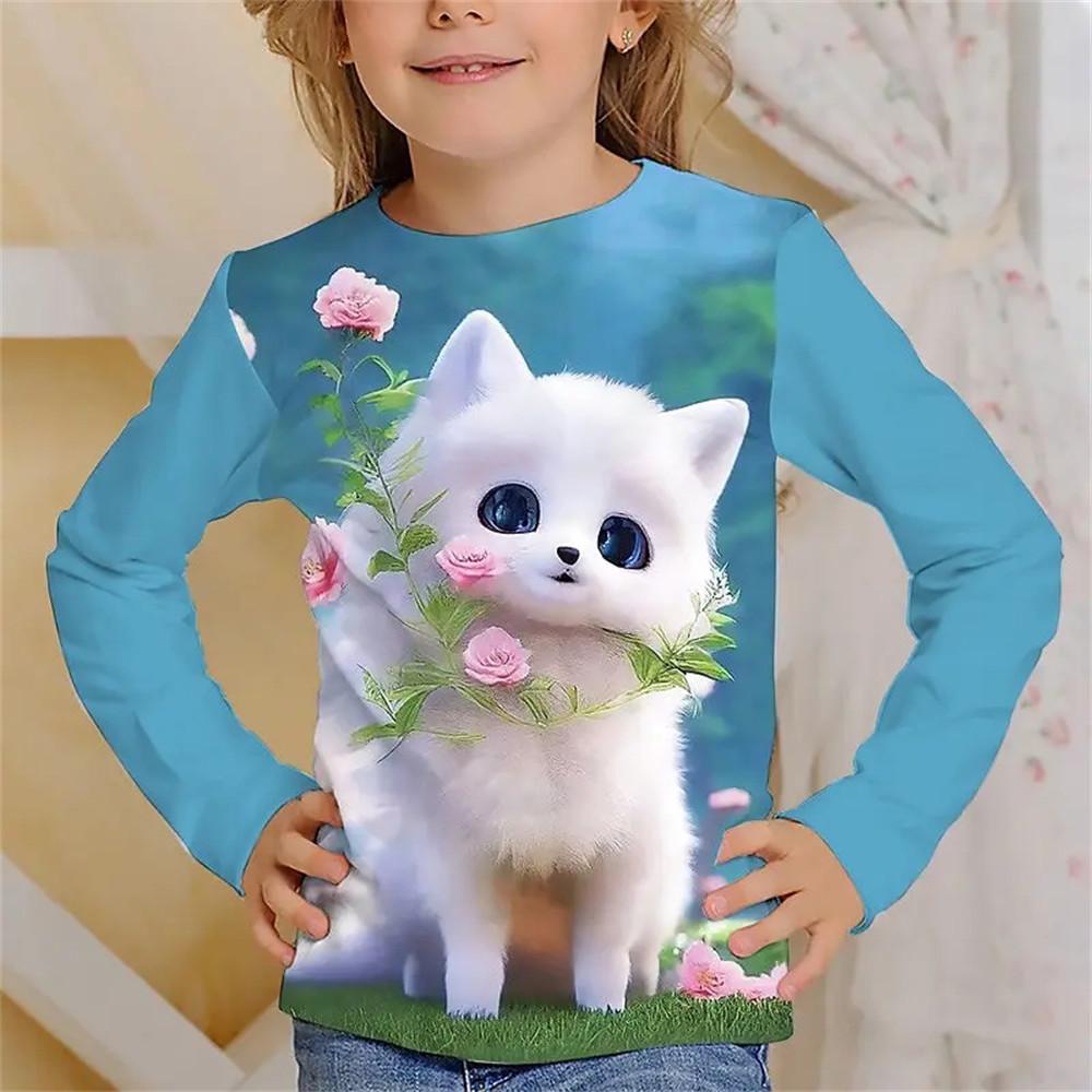 Dětské tričko Kawaii Trička s celými rukávy pro dívku Tygří kočka Roztomilá trička Oblečení 2023 Outdoorové oblečení Podzimní Kid Top O-Neck
