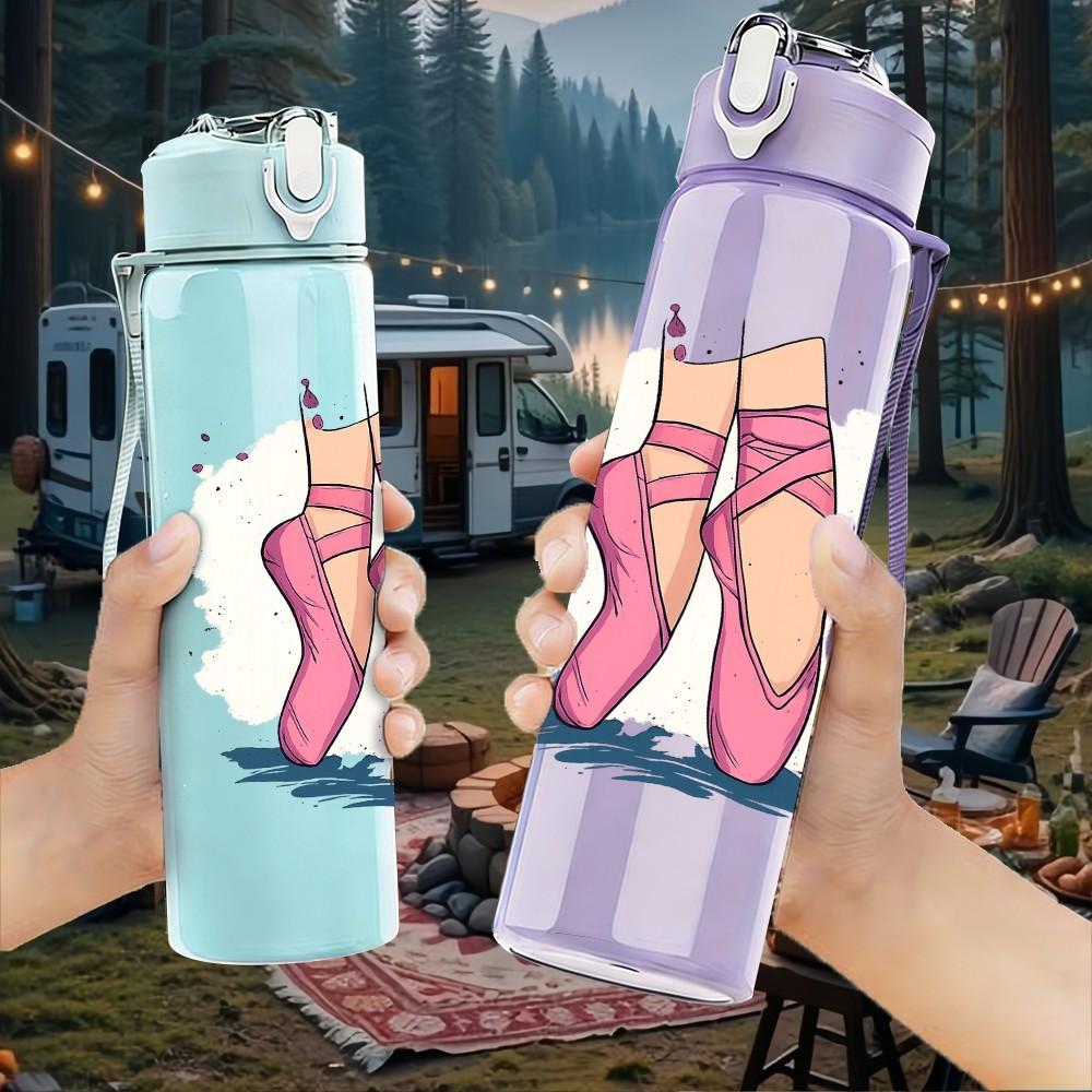 1PC Pink Ballet Shoes Line Art 750ml Color Plastic Sports Water Bottle Leakproof Flip Straw Lid Suitable for Sports Office Home Use