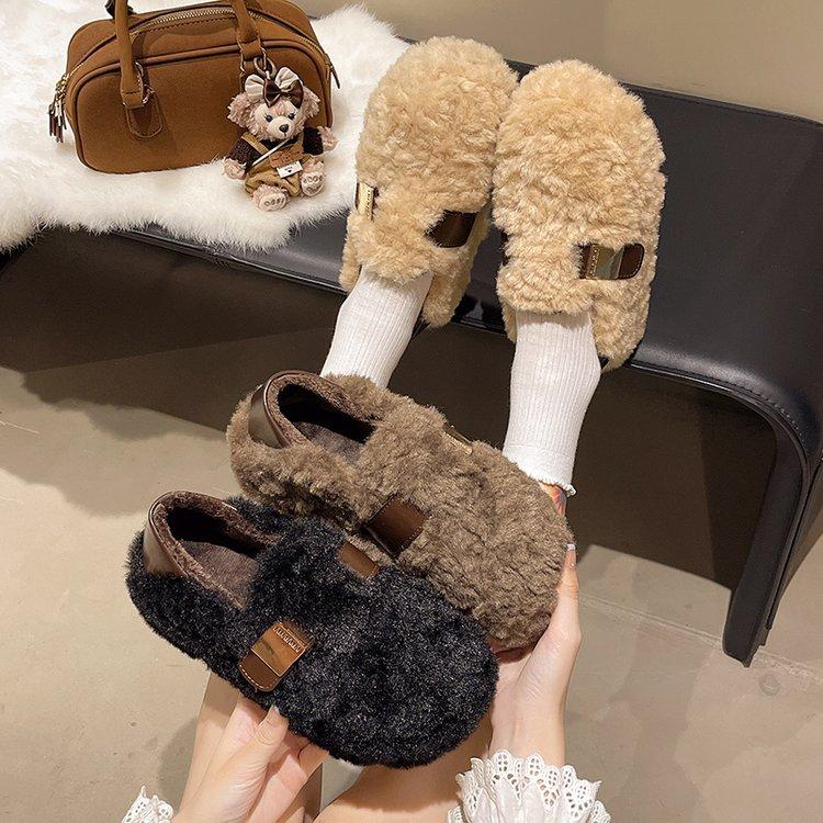 One-pedal wool shoes for women's spring and autumn 2025 new popular lamb wool comfortable and versatile soft-soled velvet thermal cotton shoes