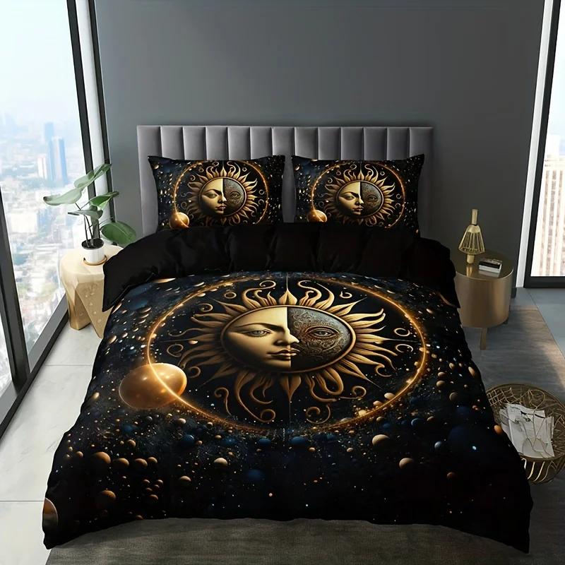 Moon Stars Celestial Sun Duvet Cover Set Golden Printed Bedding Set For Home Decor