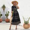 Women's Summer Ethnic Printed Short Sleeve High Waist A Line Lace Up Dress