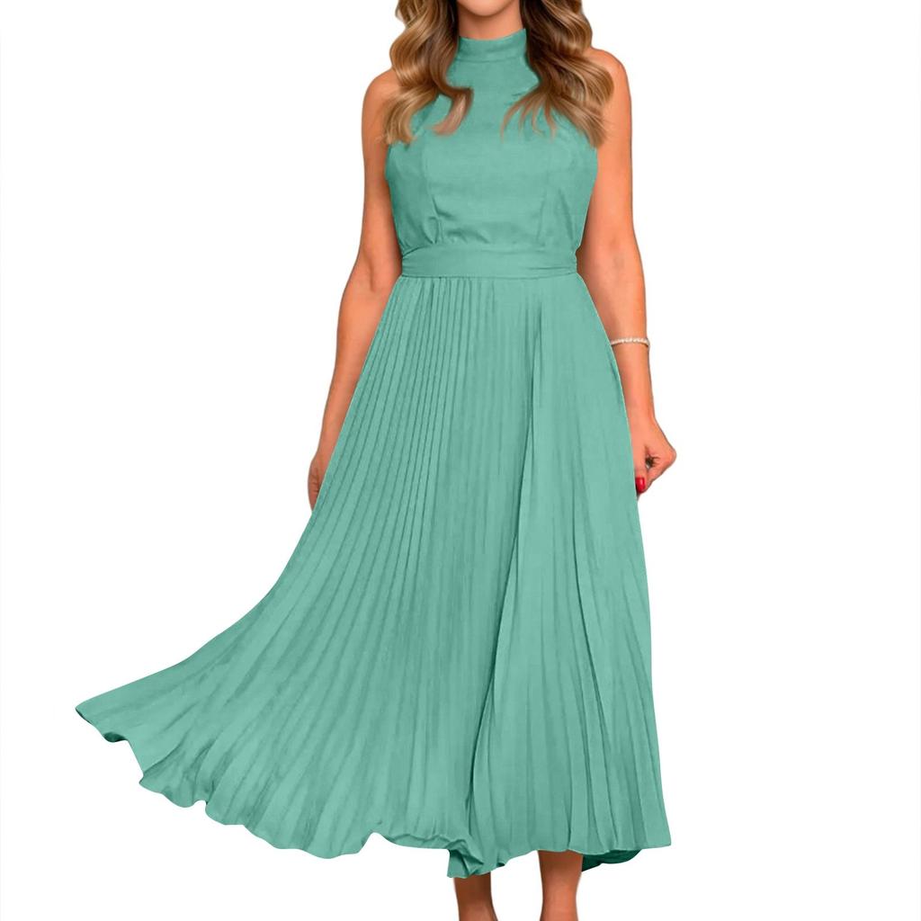 Women's Fashionable Solid Color Sexy Sleeveless Stand Up Collar Pleated Dress Party Dress