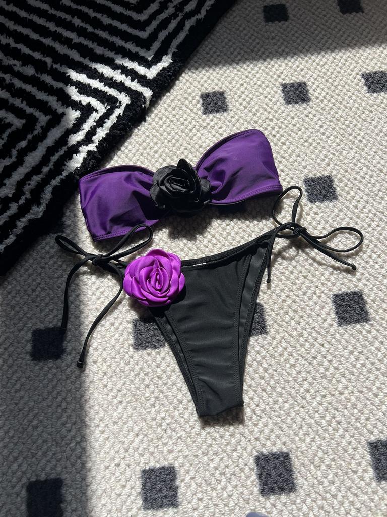 2026 Color Matching Rose Tube Top Strap Drawstring Straps Split Swimsuit Bikini